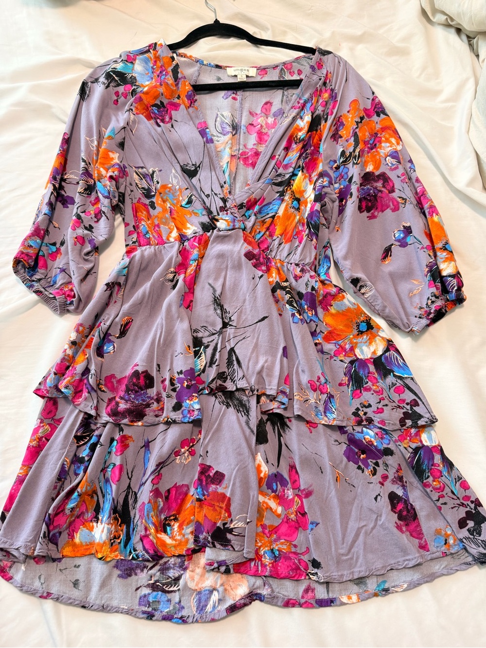 Umgee Lavender Floral Tiered Midi Dress with Orange & Pink Blooms